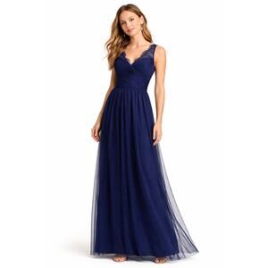 BHLDN Hitherto V Neck Fleur Lace Tulle Formal Maxi Dress Womens 2 Navy Blue